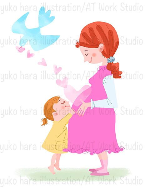 愛情いっぱいの妊婦のママと幼い女の子のイラスト