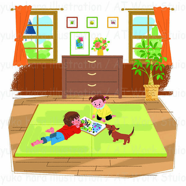 リビングに置いた畳の上で遊ぶ２人の子供と犬のイラスト