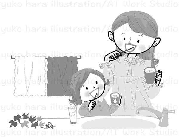歯磨きをするママと幼い女の子のイラスト