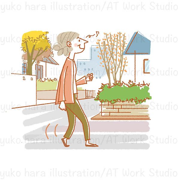 朗らかに歩く中高年女性のイラスト