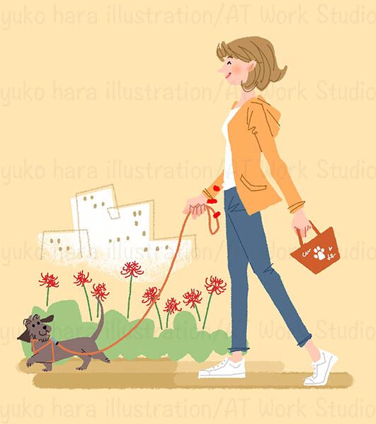 犬の散歩をする女性のイラスト