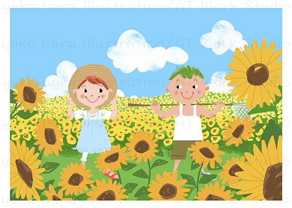 夏のひまわり畑の中の男の子と女の子のイラスト