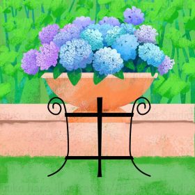緑の林を背景に大きな鉢に植えられた紫陽花のイラスト
