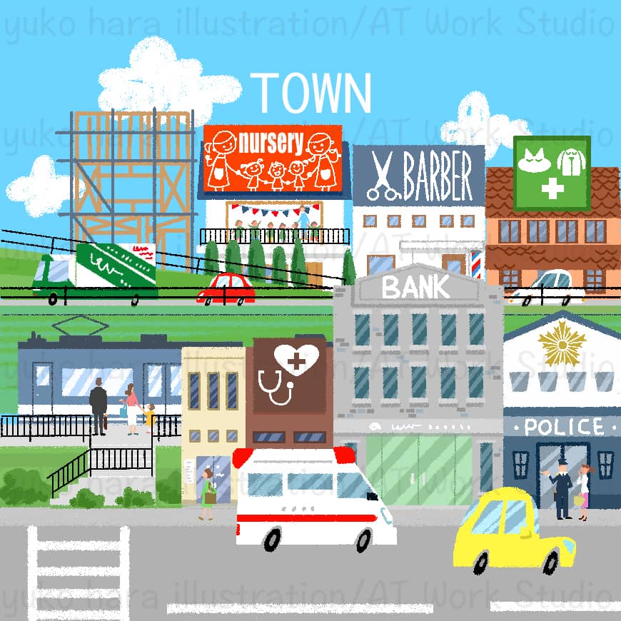駅前に立ち並ぶ様々な業種の建物を描いたイラスト