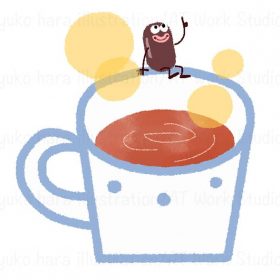 紅茶のカップの淵に座る小豆のキャラクターのイラスト