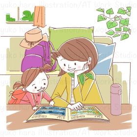 旅行スタイルでクイズ本を楽しむ母と子のイラスト