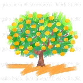たわわに実をつけたオレンジの木を描いたイラスト