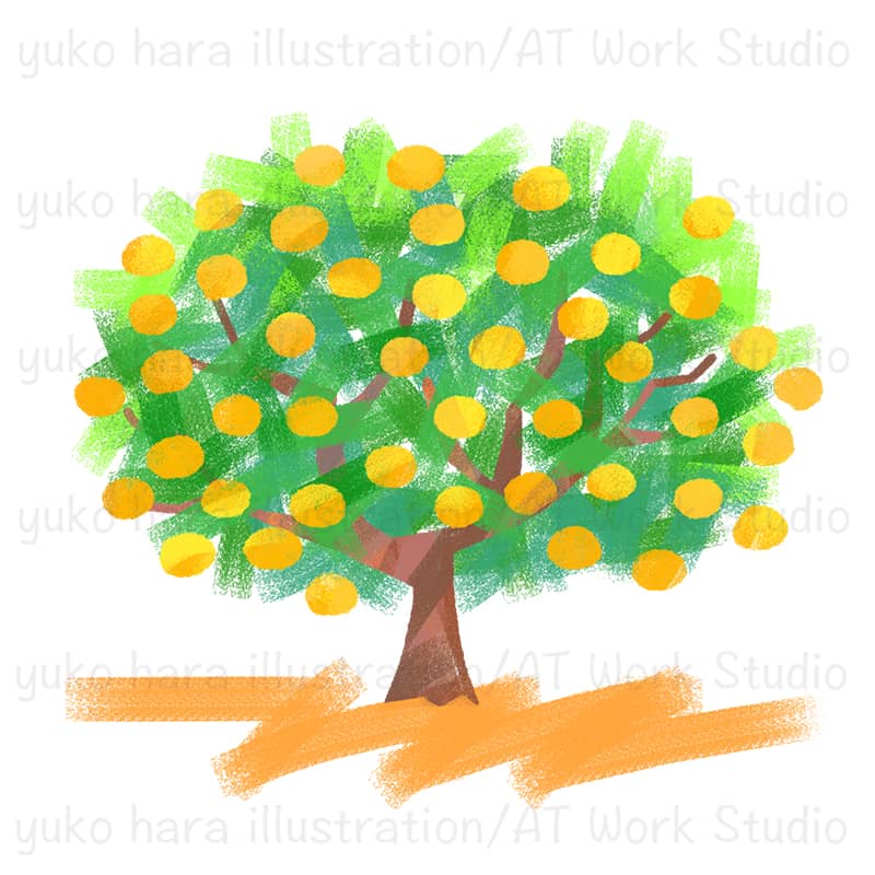 たわわに実をつけたオレンジの木を描いたイラスト