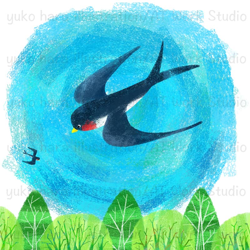 青空を飛び交う２羽のツバメと新緑の樹木のイラスト