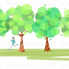 新緑並木の中をランニングする女性と一緒に走る犬のイラスト