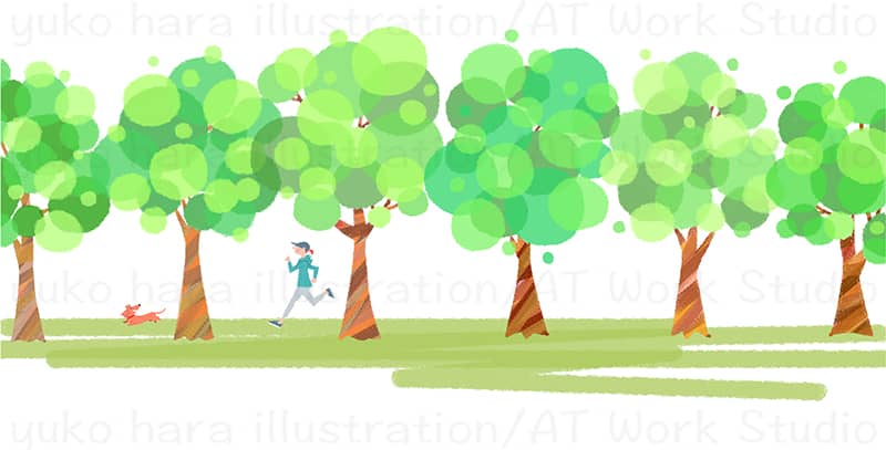 新緑並木の中をランニングする女性と一緒に走る犬のイラスト