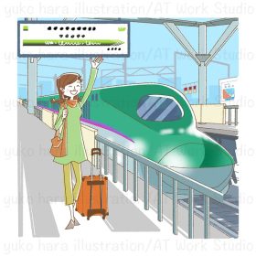 新幹線を下車してホームに降り立ち迎えの友人に手を振る旅の女性のイラスト