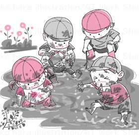 水たまりで泥んこ遊びをしている子供たちを描いたイラスト