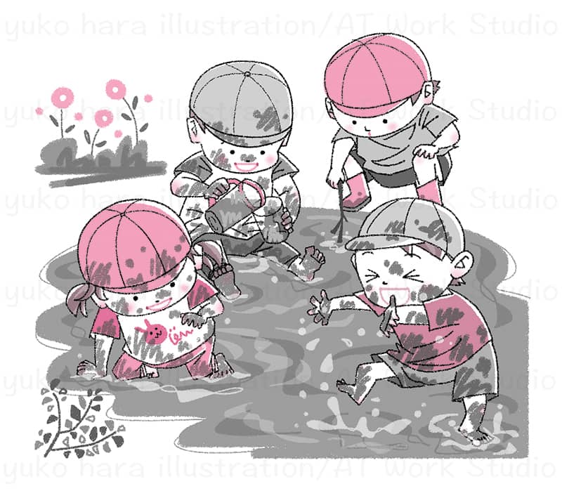 水たまりで泥んこ遊びをしている子供たちを描いたイラスト