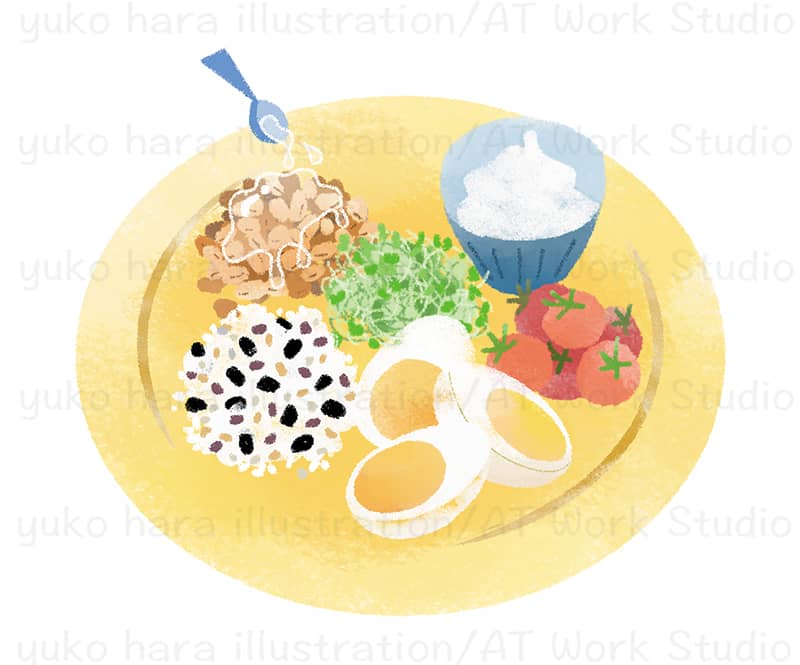 バランスのとれた食品をワンプレートに盛り付けた朝食を描いたイラスト