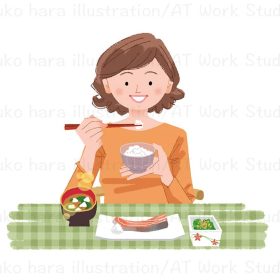 焼鮭とお浸しと味噌汁とご飯を食べている女性のイラスト