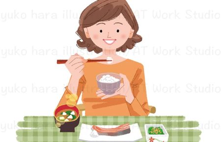 焼鮭とお浸しと味噌汁とご飯を食べている女性のイラスト