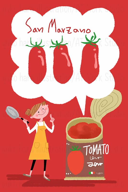 トマト缶で料理をしようと張り切る女性のイメージイラスト