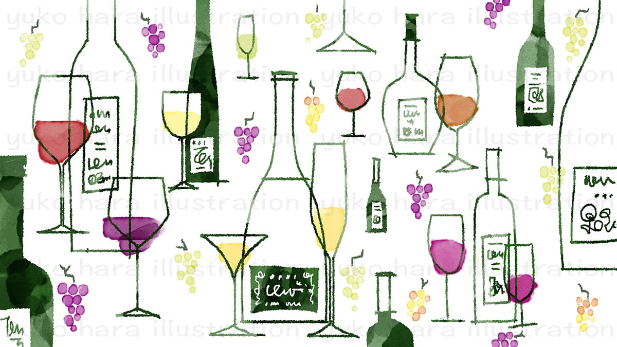 画面いっぱいに散りばめ描いたワインボトルとワイングラスのイラスト