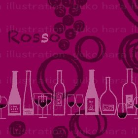 マゼンタカラーの背景色に赤ワインのイメージで横並びに並んだいくつかのボトルとグラスを描いたイラスト