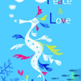 明るくポップなタッチで描いた平和と愛を願うカラフルなシードラゴンのイラスト