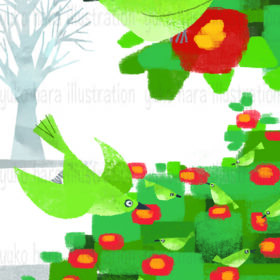 満開の山茶花に集まるメジロ達を描いたイラスト