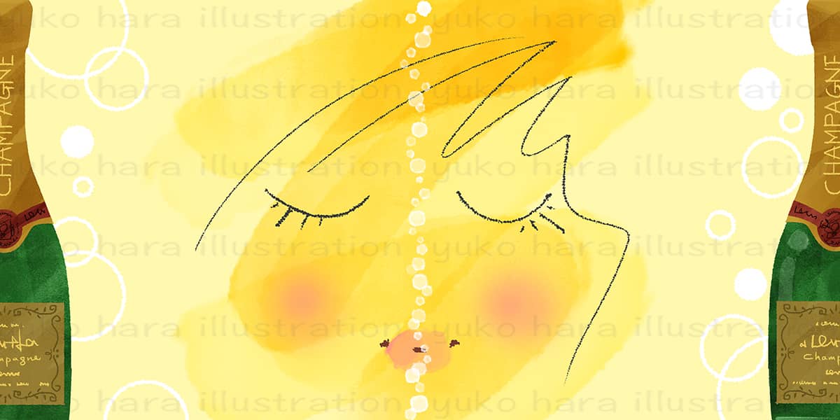 シャンパーニュの泡と女性の顔を重ねて抽象的なイメージで描いたイラスト