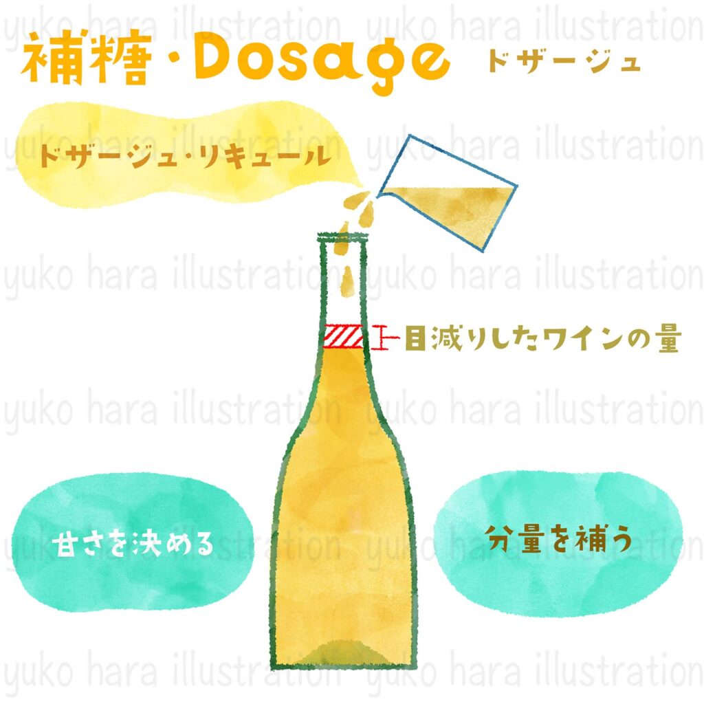 シャンパーニュ醸造の補糖（Dosage）の工程を絵本タッチで描いたイラスト